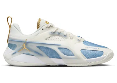 Pre-owned Jordan Heir Denim Gold (women's) Sneakers In Sail/work Blue/hydrogen Blue
