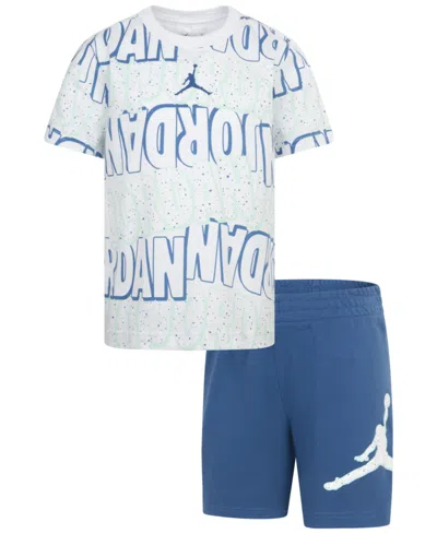 Jordan Kids' Little Boys Printed T-shirt & French Terry Shorts, 2 Piece Set In Industrial Blue