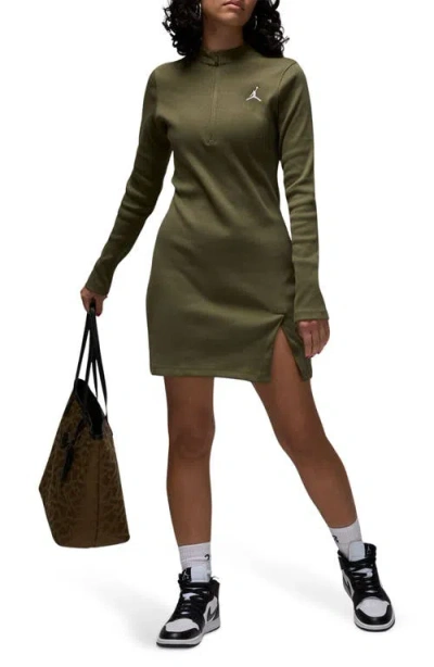 Jordan Long Sleeve Knit Minidress In Medium Olive/white