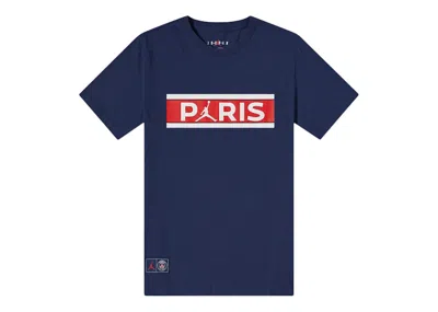Pre-owned Jordan Men's Air  X Paris Saintgermain Block Logo T-shirt In Midnight Navy Blue/red/white