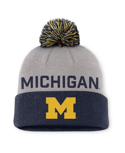 Jordan Men's Gray/navy Michigan Wolverines Primetime Peak Cuffed With Pom Knit Hat In Blue