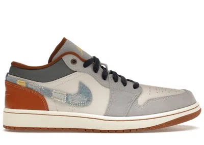 Pre-owned Jordan Men's  1 Low Se Repaired Denim Swoosh Sneakers In Phantom/off White/coconut Milk