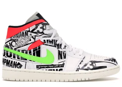Pre-owned Jordan Men's  1 Mid All Over Logos Sneakers In White/racer Blue/black In Multi