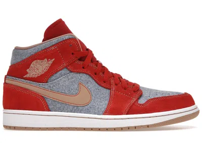 Pre-owned Jordan Men's  1 Mid Denim Red Sneakers In Cinnabar/hemp/white In Multi