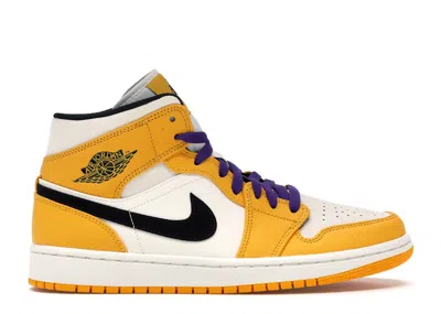 Pre-owned Jordan Men's  1 Mid Se Lakers Sneakers In University Gold/black/pale Ivory In Multi