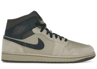 Pre-owned Jordan Men's  1 Mid Sneakers In Khaki/black/baroque Brown In Multi