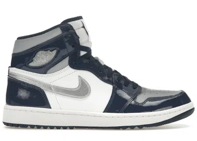 Pre-owned Jordan Men's  1 Retro High Golf Patent Sneakers In White/metallic Silver/midnight Navy Blue