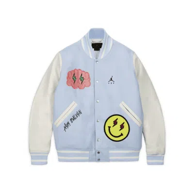 Pre-owned Jordan Men's  X J Balvin Varsity Jacket In White/blue