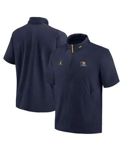 Jordan Men's Michigan Wolverines 2024 Sideline Coach Short Sleeve Half-zip Hoodie Jacket In Navy,maize