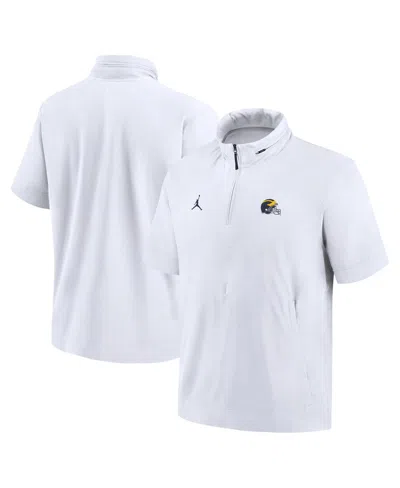 Jordan Men's White Michigan Wolverines 2024 Sideline Coach Short Sleeve Half-zip Hoodie Jacket In White,navy
