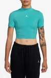 Jordan Mock Neck Crop Top In Washed Teal/white