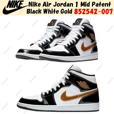Pre-owned Jordan Nike Air  1 Mid Patent Black White Gold 852542-007 Us Men's 4-14