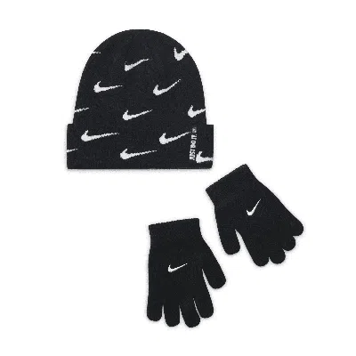 Jordan Nike Swoosh Repeat Beanie And Gloves Set Big Kids' Set In Black