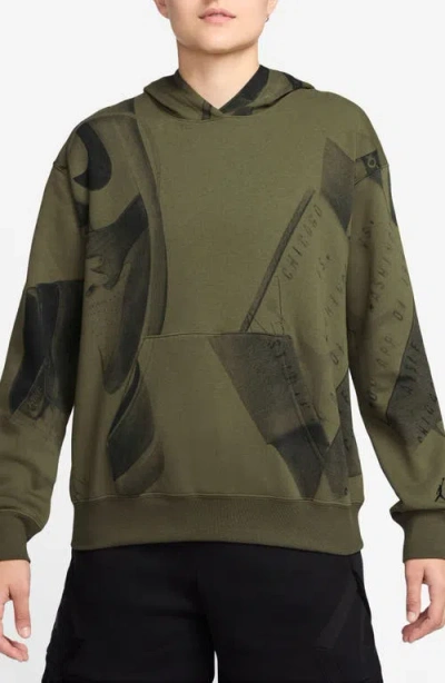 Jordan Print Brooklyn Fleece Hoodie In Medium Olive/black