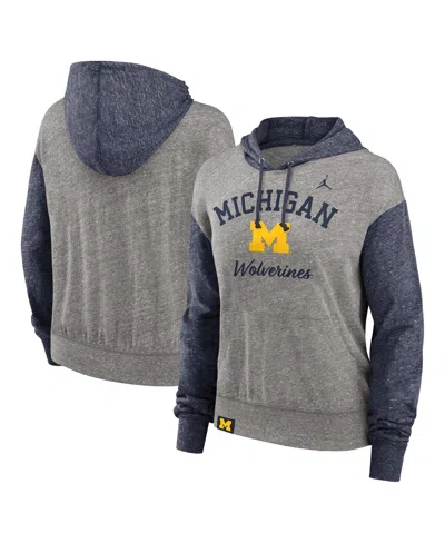 Jordan Women's Heather Gray/navy Michigan Wolverines Blitz Color Blocked Legacy Pullover Hoodie In Heather Gray,navy