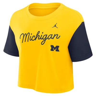 Jordan Women's Michigan Script  Brand Dri-fit College Cropped T-shirt In Yellow