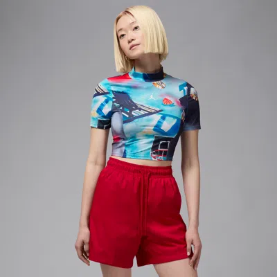 Jordan Printed Mock Neck Crop Top In White