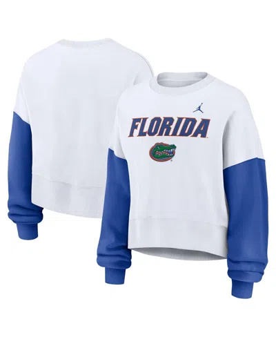 Jordan Women's White Florida Gators Color-block Oversized Cropped Pullover Sweatshirt In White,royal