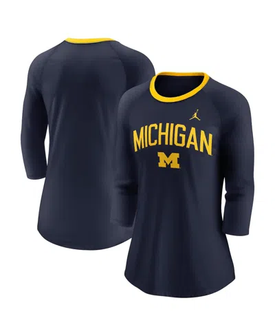 Jordan Women'sâ Navy Michigan Wolverines Tri-blend Raglan 3/4 Sleeve Top