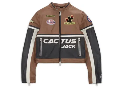 Pre-owned Jordan X Travis Scott Cactus Jack Women's Leather Jacket (asia Sizing) In Archaeo Brown
