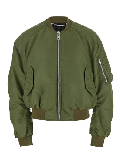 JORDANLUCA GREEN CROPPED BOMBER JACKET WITH ONE ZIP POCKET ON THE SLEEVE IN TECH FABRIC MAN