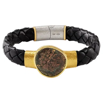 Pre-owned Jorge Adeler 18k Gold Black Leather Alexander The Great Coin Bracelet