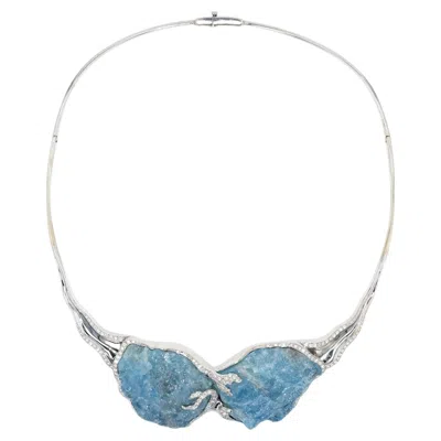 Pre-owned Jorge Adeler 18k White Gold Raw Aquamarine & Diamond Collar Necklace