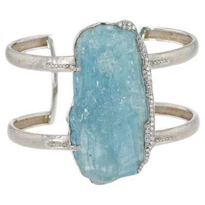 Pre-owned Jorge Adeler 18k White Gold Raw Aquamarine & Diamond Cuff Bracelet