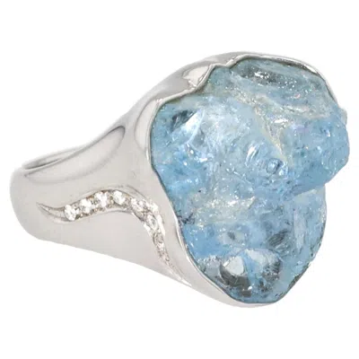 Pre-owned Jorge Adeler 18k White Gold Raw Aquamarine & Diamond Ring � Luxury Jewelry
