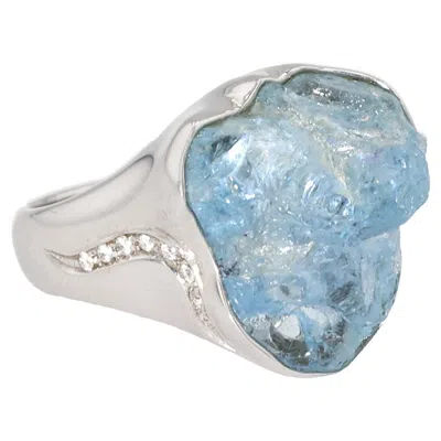 Pre-owned Jorge Adeler 18k White Gold Raw Aquamarine And Round Brilliant Cut Diamond Ring