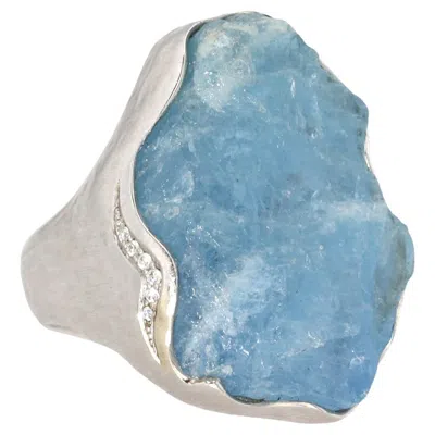 Pre-owned Jorge Adeler 18k White Gold Raw Aquamarine And Round Brilliant Cut Diamonds Large Ring