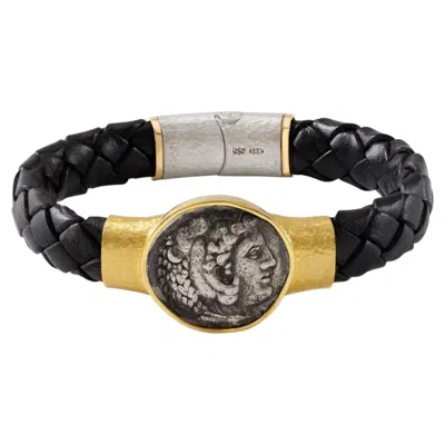 Pre-owned Jorge Adeler 18k Yellow Gold Alexander The Great Coin Leather Bracelet