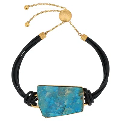 Pre-owned Jorge Adeler 18k Yellow Gold / Black Leather Peruvian Opal Bracelet, Adjustable Length Clasp