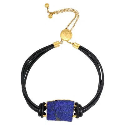 Pre-owned Jorge Adeler 18k Yellow Gold Lapis & Black Leather Bracelet � Luxury Jewelry