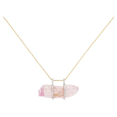 Pre-owned Jorge Adeler 18k Yellow Gold Raw Kunzite & Diamond Pendant � Luxury Jewelry