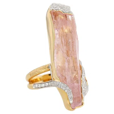 Pre-owned Jorge Adeler 18k Yellow Gold Raw Kunzite & Diamond Split Band Ring