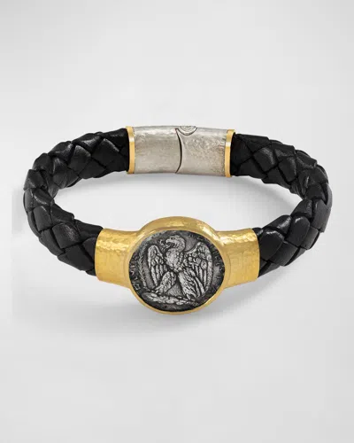 Jorge Adeler Men's Seleucis Eagle Coin Braided Leather Bracelet In Gold/black