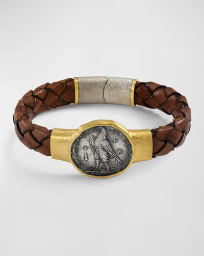 Jorge Adeler Men's Seleucis Eagle Coin Braided Leather Bracelet In Gold/brown
