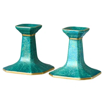 Pre-owned Josef Ekberg Pair Of Art Deco Lustre Candlesticks By . Gustavsberg, Sweden, 1930s In Blue