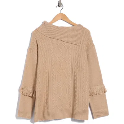 Joseph A Cable Fringe Sweater In Camel Hthr