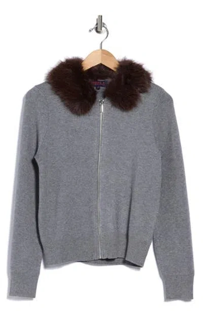 Joseph A Faux Fur Collar Zip Sweater In Gray