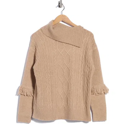 Joseph A Fringe Cable Knit Sweater In Camel Hthr