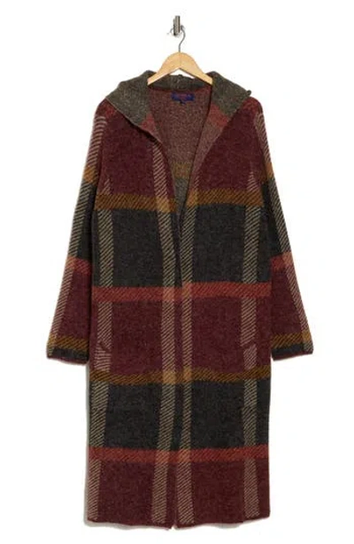 Joseph A Hooded Southwest Duster Cardigan In New York Plaid Wine