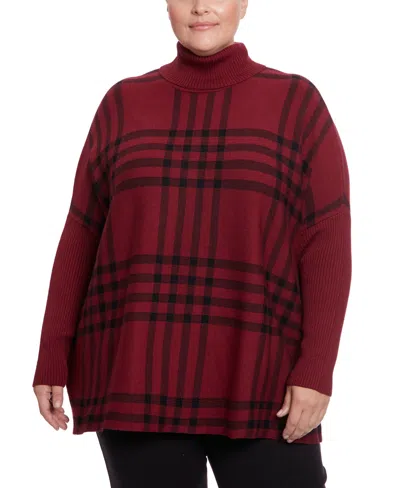 Joseph A Joesph A Plus Size Plaid Turtleneck Poncho Sweater In Simple Plaid Cabernet