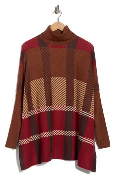 Joseph A Plaid Turtleneck Poncho Sweater In Brown