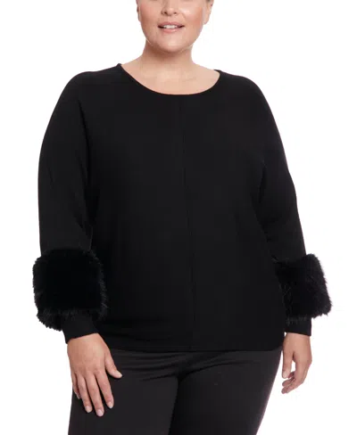 Joseph A Plus Size Faux Fur Cuff Dolman Pullover Sweater In Black