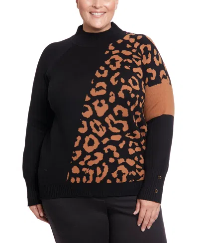 Joseph A Plus Size Leopard Mock Neck Sweater In Black,arc Brown