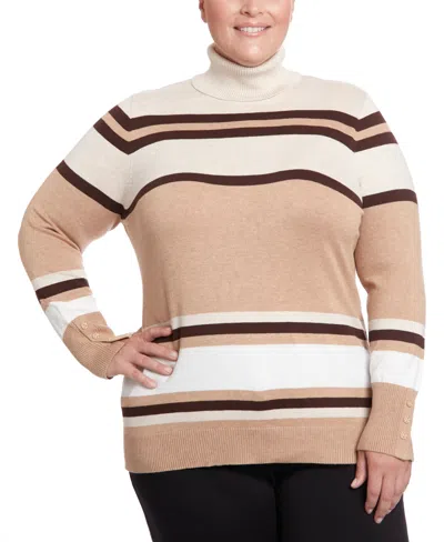 Joseph A Plus Size Long Sleeve Striped Turtleneck Sweater In Camel Multi