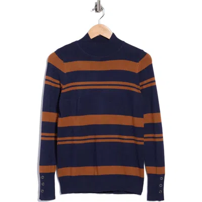 Joseph A Stripe Mock Neck Sweater In Navy/ Mocha Bisque