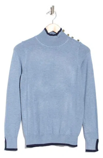 Joseph A Tipped Button Shoulder Mock Neck Sweater In Blue